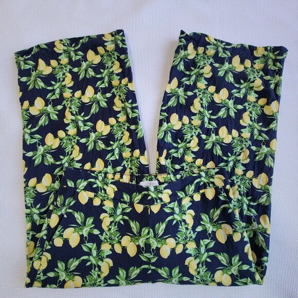 LOFT Lemon Print Linen Pants Size MP Cropped Ankle Wide Leg Pockets Novelty - Picture 1 of 9